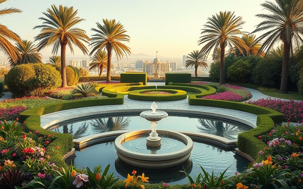 مصمم حدائق يعمل على تنسيق مساحة خارجية في أحد منازل الكويت