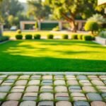 عشب صناعي وبلاط متداخل