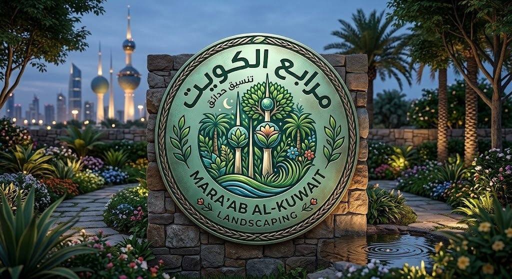 شعار دائري مبتكر لشركة مرابع الكويت يدمج بين نخلة خضراء وأبراج الكويت مع لمسات نباتية وزرقاء تعبر عن الطبيعة والتصميم الخارجي الحديث.